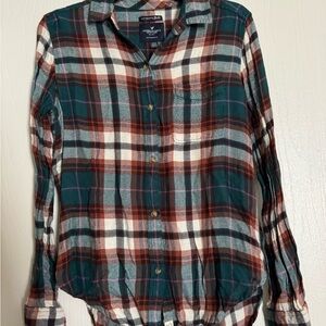American Eagle Outfitters Plaid Boyfriend Shirt - Teal, Rust & White